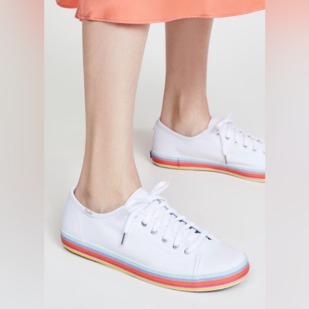 Kate Spade X Keds Kickstart Rainbow Sneakers Size 7.5 Colorful Sole White Canvas